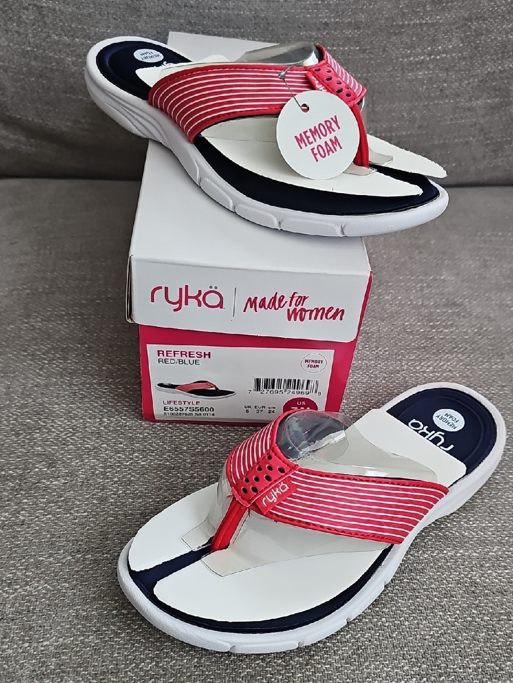 NWT Ryka Refresh Red White Blue Memory Foam Thong T-strap Sandals Flops 7M